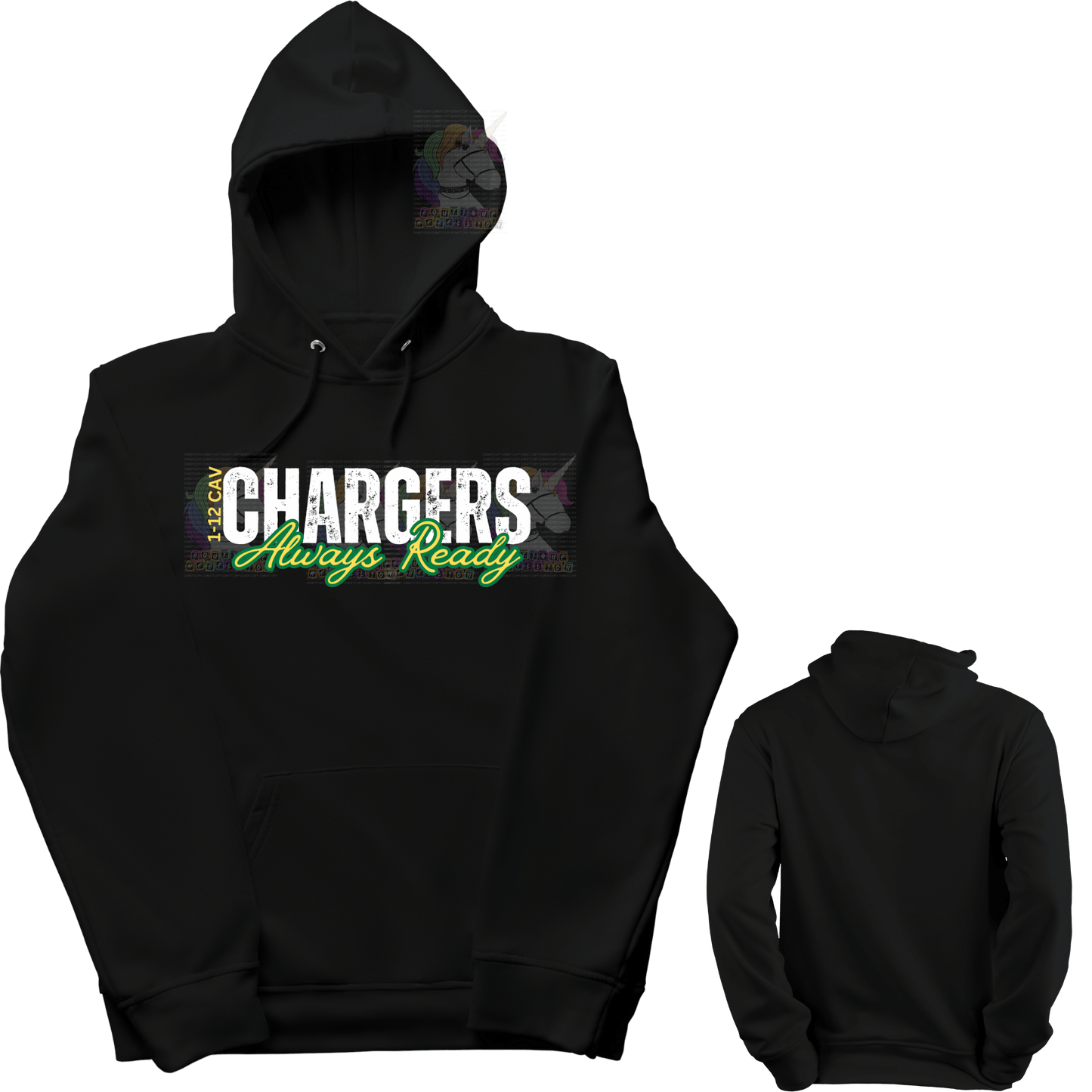 Youth 1-12 Cav Chargers Black Crewneck Sweatshirt or Hoodie