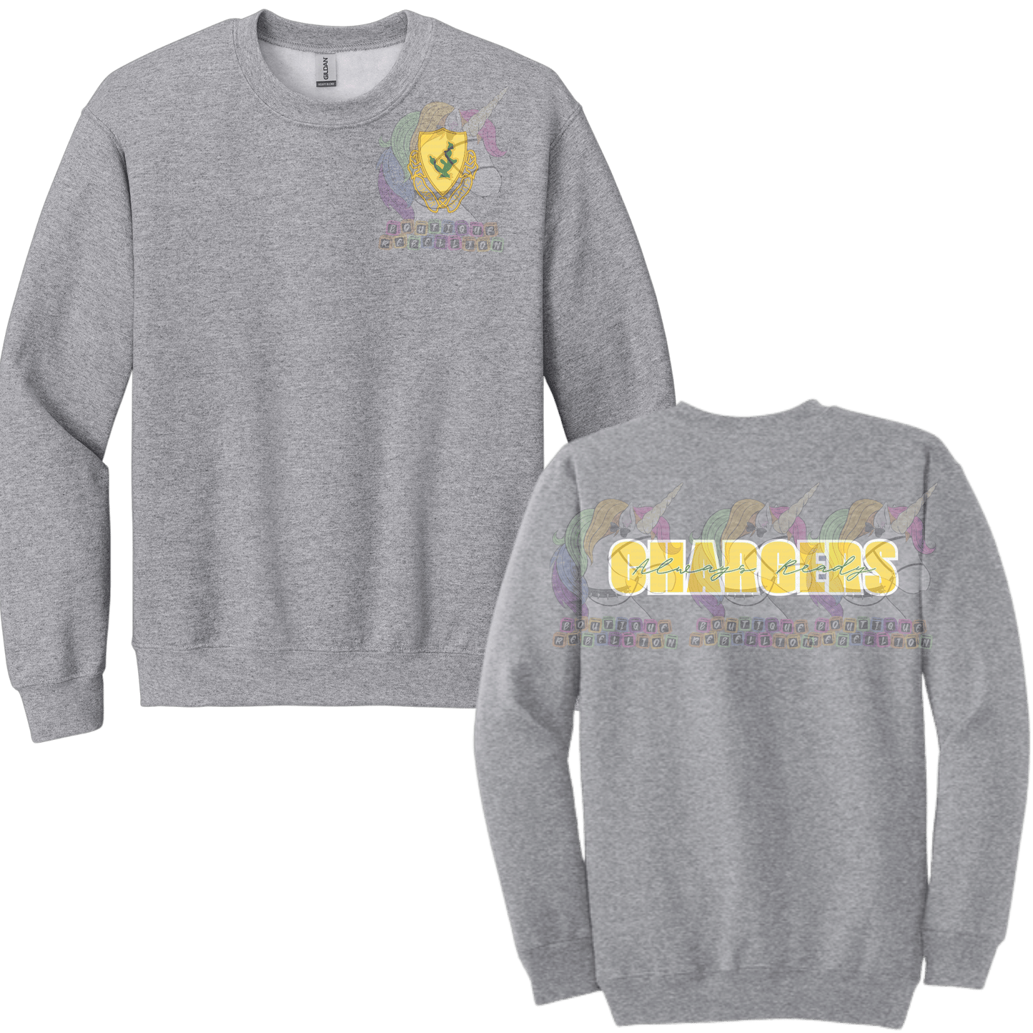 Youth 1-12 Cav Chargers Grey Double Sided Crewneck Sweatshirt or Hoodie