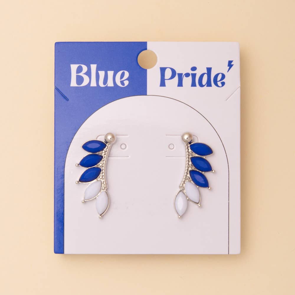 Royal & White Game Day Crystal Embellished Feather Post Dangle Earrings