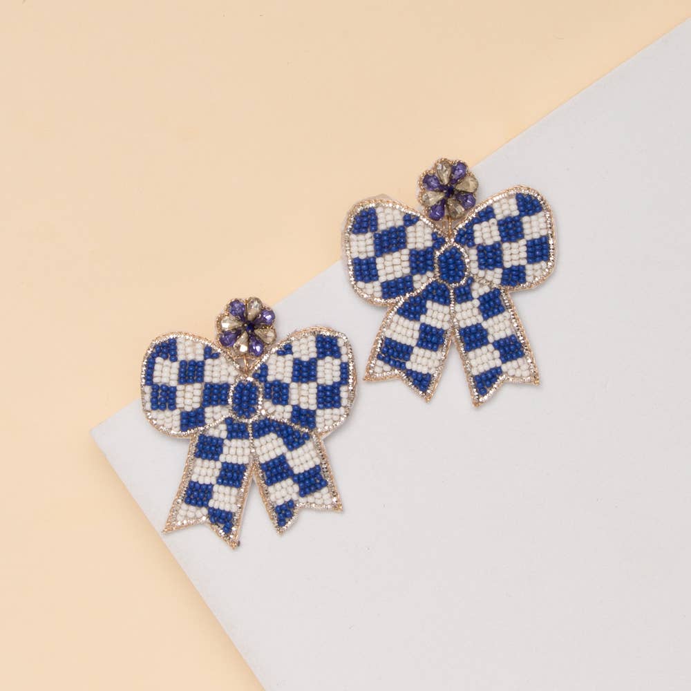 Royal & White Gameday Checker Pattern Beaded Bow Drop Earrings