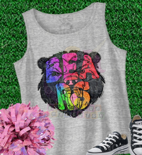 Bear Mascot Faux Rainbow Glitter Direct to Film - DTF  Transfer