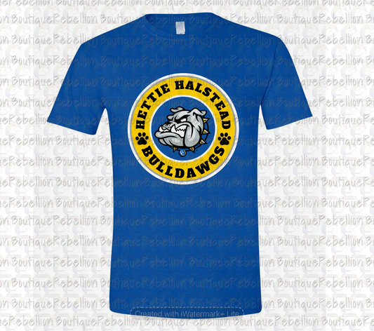 Hettie Halstead Elementary Bulldawgs Logo Royal Crewneck Sweatshirt, Long Sleeve or Short Sleeve Adult Tee or Youth Tee