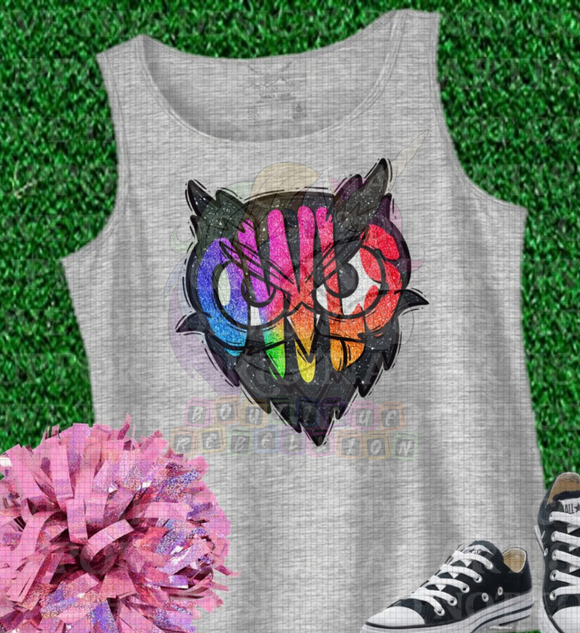 Owl Mascot Faux Rainbow Glitter Direct to Film - DTF  Transfer