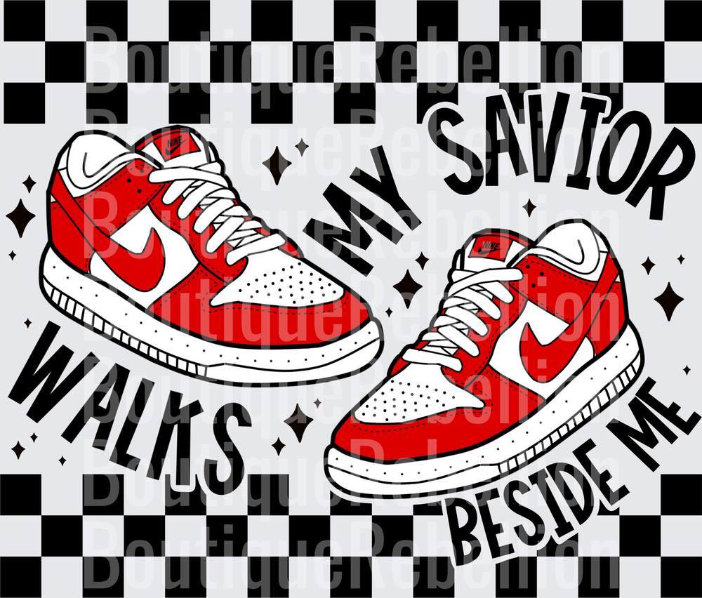 My Savior Walks Beside Me Red Sneakers Checkered Pattern Single DTF Transfer