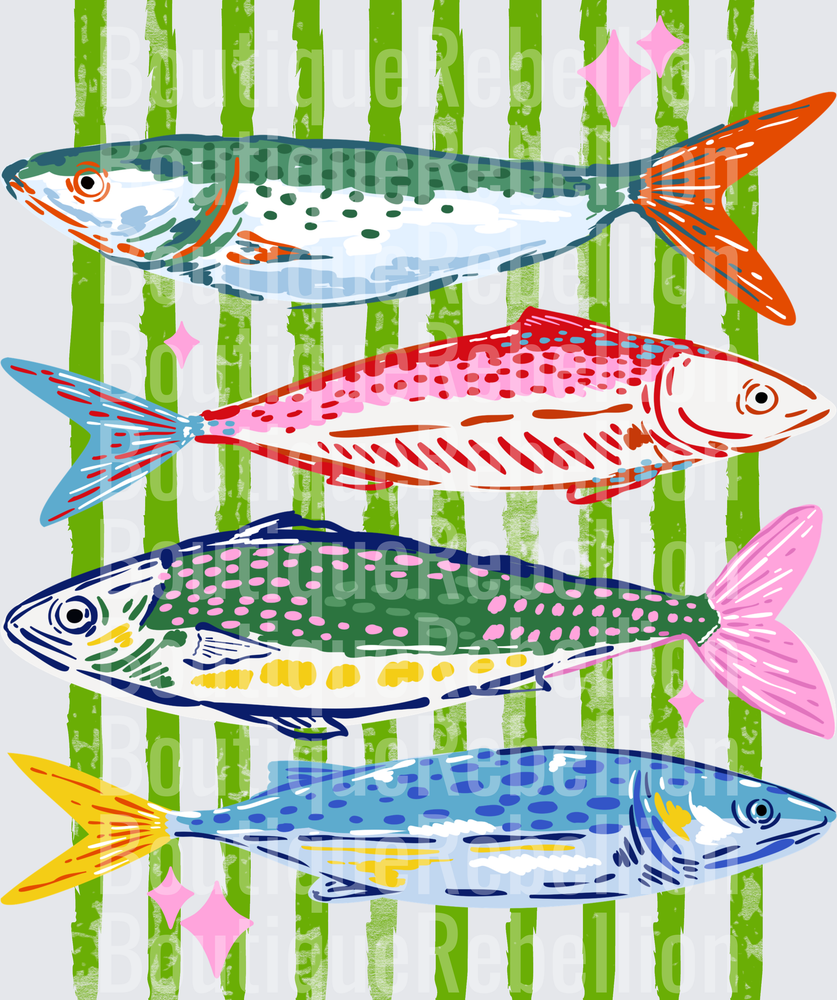 Four Colorful Trout Fish Swimming Through Green Reeds Single DTF Transfer