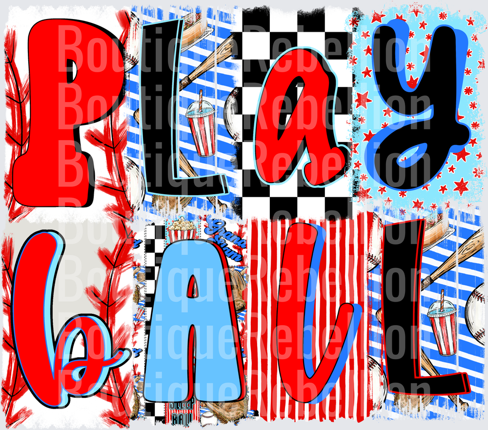 Play Ball Baseball Themed Text with Americana Elements Single DTF Transfer