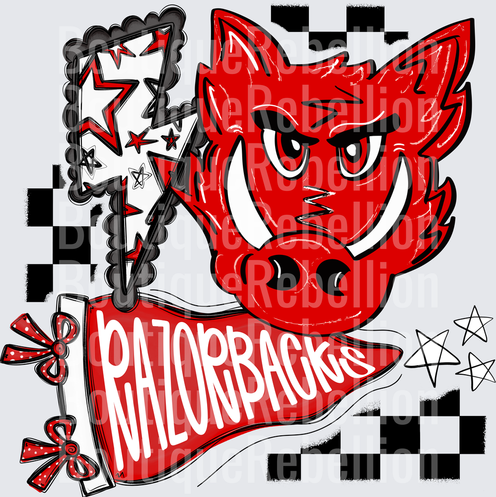 Razorbacks Mascot with Checkered Pattern and Stars Single DTF Transfer