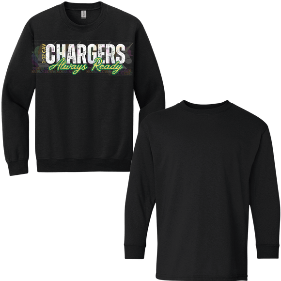 Youth 1-12 Cav Chargers Black Crewneck Sweatshirt or Hoodie