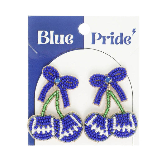 Royal & White Gameday Cherry Heart Football Seed Beaded Dangle Earrings