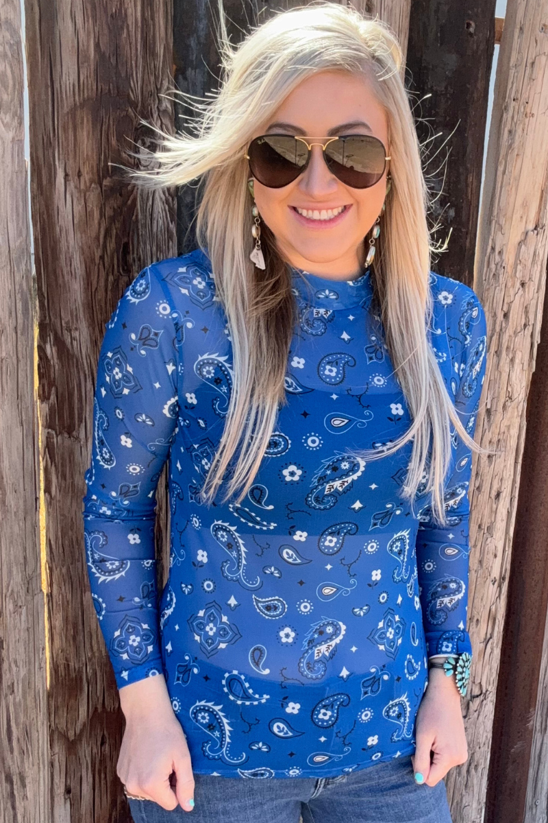 Blue Bandana Print Mesh Top