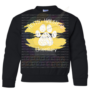 Hettie Halstead Elementary Bulldawgs Yellow & White Paw Paint Crewneck Sweatshirt, Long or Short Sleeve Youth Tee