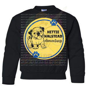 Hettie Halstead Elementary Bulldawgs Royal & Yellow Circle Crewneck Sweatshirt, Long or Short Sleeve Youth Tee