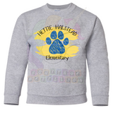 Hettie Halstead Elementary Bulldawgs Paw Paint Royal & Yellow Crewneck Sweatshirt, Long or Short Sleeve Youth Tee