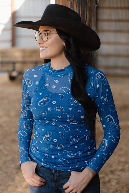 Blue Bandana Print Mesh Top