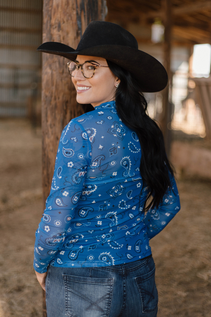 Blue Bandana Print Mesh Top