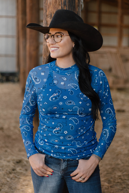 Blue Bandana Print Mesh Top