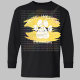 Hettie Halstead Elementary Bulldawgs Yellow & White Paw Paint Crewneck Sweatshirt, Long or Short Sleeve Youth Tee