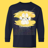 Hettie Halstead Elementary Bulldawgs Yellow & White Paw Paint Crewneck Sweatshirt, Long or Short Sleeve Youth Tee