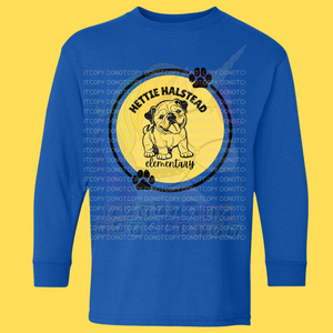 Hettie Halstead Elementary Bulldawgs Black & Yellow Circle Crewneck Sweatshirt, Long or Short Sleeve Youth Tee