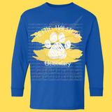 Hettie Halstead Elementary Bulldawgs Yellow & White Paw Paint Crewneck Sweatshirt, Long or Short Sleeve Youth Tee