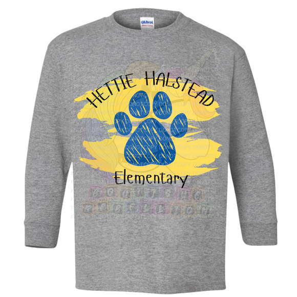 Hettie Halstead Elementary Bulldawgs Paw Paint Royal & Yellow Crewneck Sweatshirt, Long or Short Sleeve Youth Tee