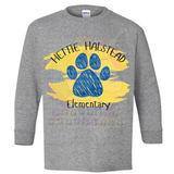 Hettie Halstead Elementary Bulldawgs Paw Paint Royal & Yellow Crewneck Sweatshirt, Long or Short Sleeve Youth Tee