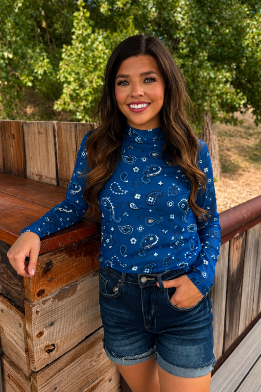 Blue Bandana Print Mesh Top