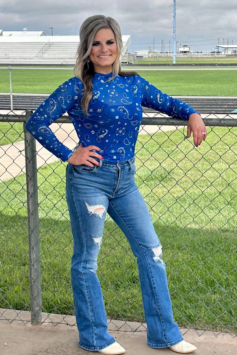 Blue Bandana Print Mesh Top