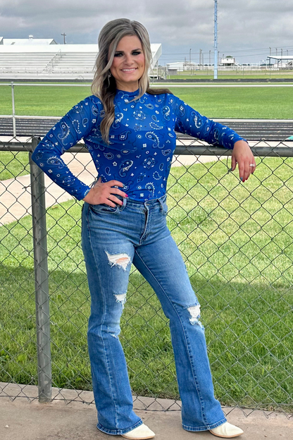 Blue Bandana Print Mesh Top