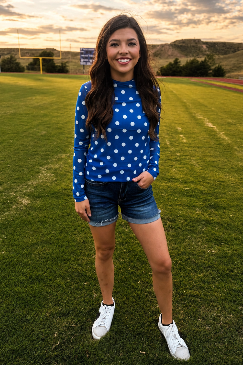 Kickoff Season Blue Mesh Polka Dot Top