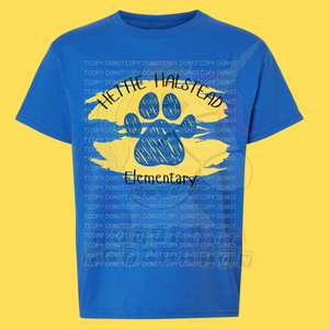 Hettie Halstead Elementary Bulldawgs Paw Paint Royal & Yellow Crewneck Sweatshirt, Long or Short Sleeve Youth Tee