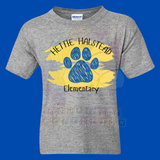 Hettie Halstead Elementary Bulldawgs Paw Paint Royal & Yellow Crewneck Sweatshirt, Long or Short Sleeve Youth Tee