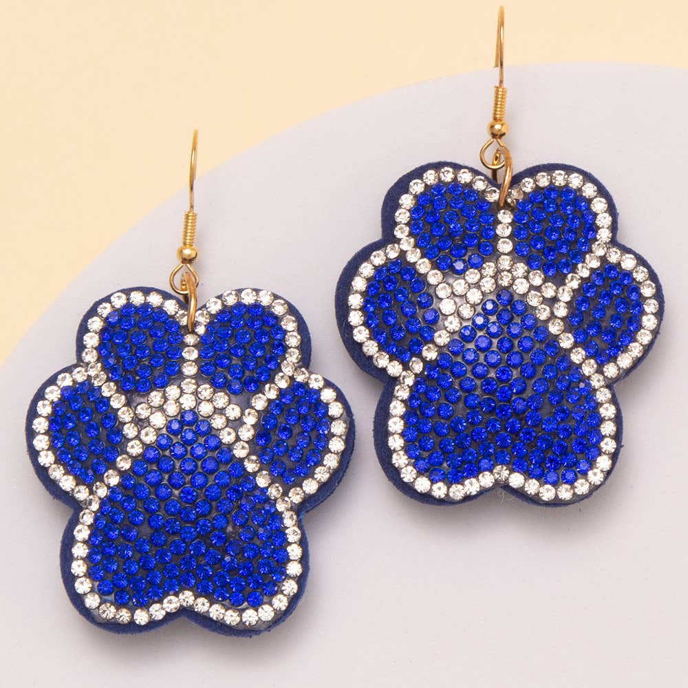Royal Gameday Rhinestone Pave Paw Print Dangle Earrings