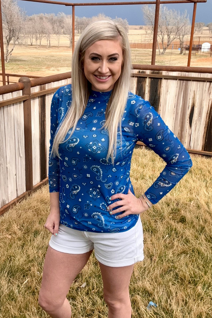 Blue Bandana Print Mesh Top