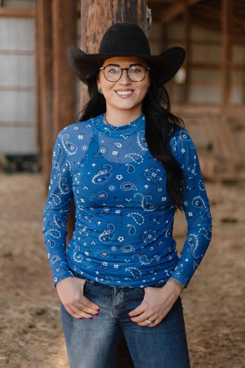 Blue Bandana Print Mesh Top
