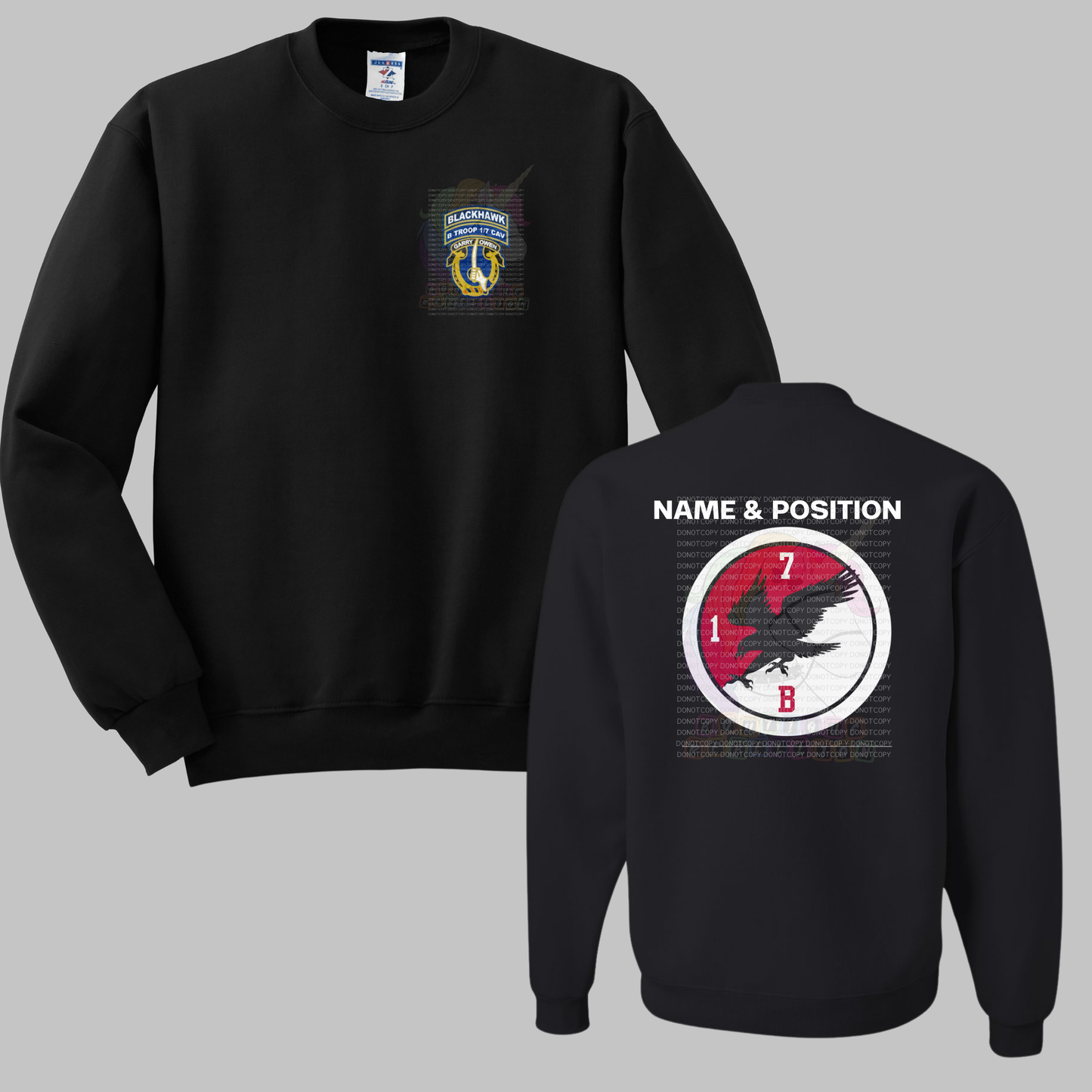 1-7 Cav Blackhawk Black Crewneck Sweatshirt, Long Sleeve or Short Sleeve Shirt