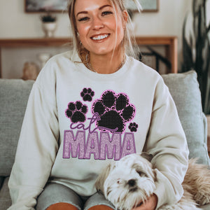 Faux Glitter & Faux Embroidered Cat Mama Adult Tee, Crewneck Sweatshirt or Hoodie