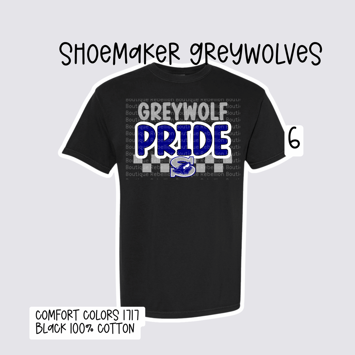 Design 6 Shoemaker High School Grey Wolves Adult Tee, Long Sleeve Tee or Sweatshirt