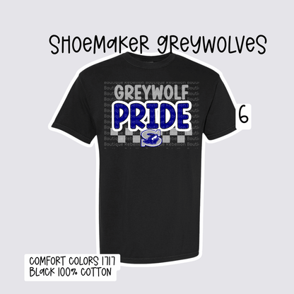 Design 6 Shoemaker High School Grey Wolves Adult Tee, Long Sleeve Tee or Sweatshirt
