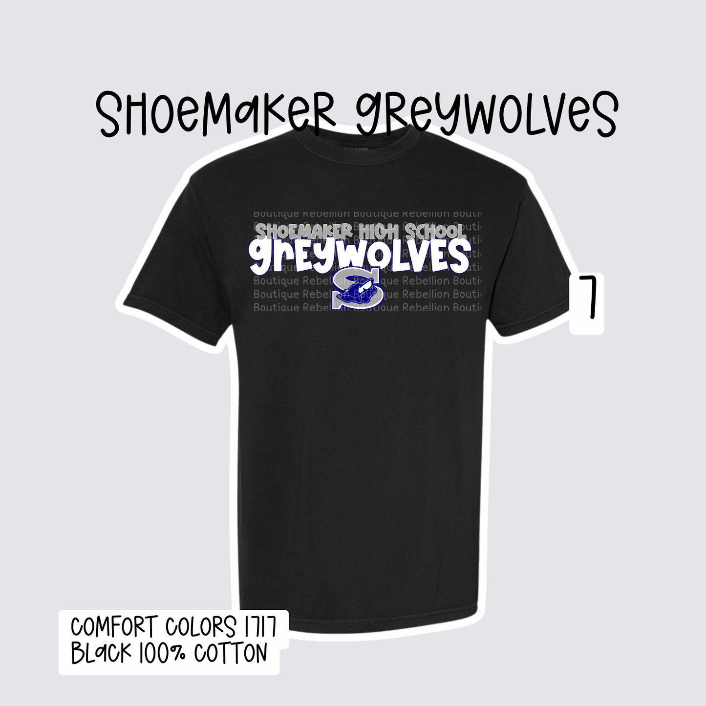 Design 7 Shoemaker High School Grey Wolves Adult Tee, Long Sleeve Tee or Sweatshirt