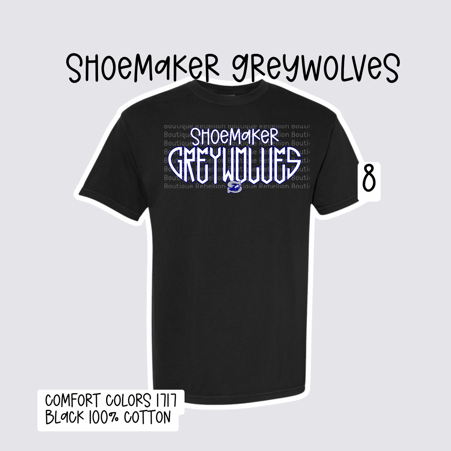 Design 8 Shoemaker High School Grey Wolves Adult Tee, Long Sleeve Tee or Sweatshirt