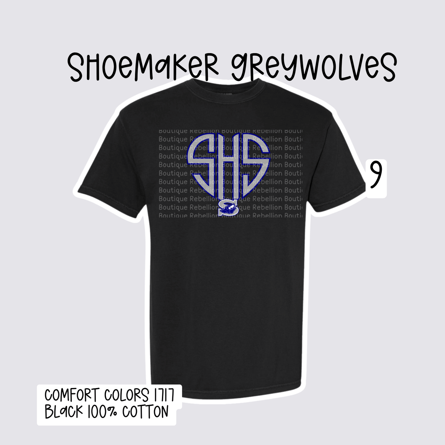 Design 9 Shoemaker High School Grey Wolves Adult Tee, Long Sleeve Tee or Sweatshirt