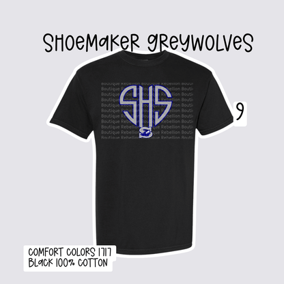 Design 9 Shoemaker High School Grey Wolves Adult Tee, Long Sleeve Tee or Sweatshirt