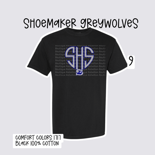 Design 9 Shoemaker High School Grey Wolves Adult Tee, Long Sleeve Tee or Sweatshirt