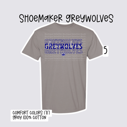 Design 5 Shoemaker High School Grey Wolves Adult Tee, Long Sleeve Tee or Sweatshirt