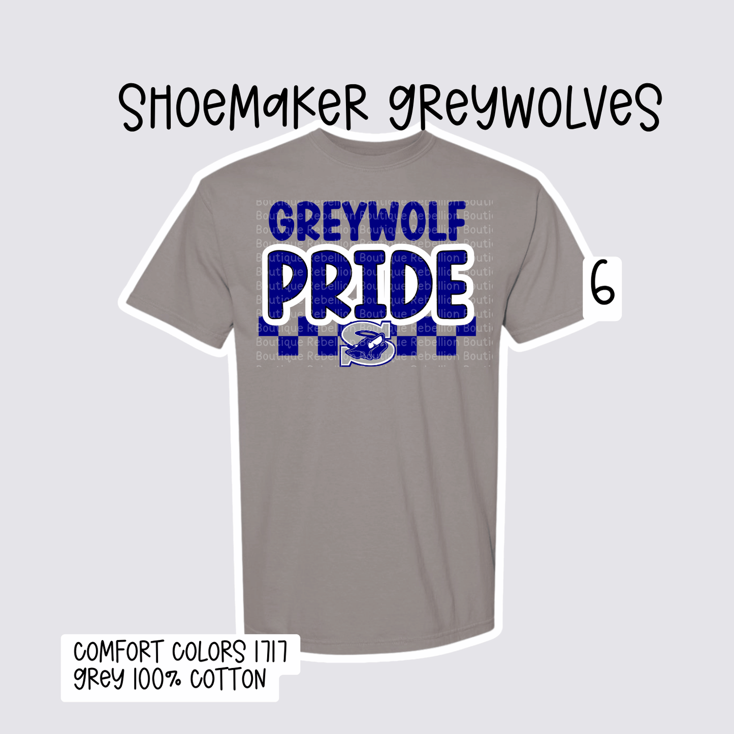 Design 6 Shoemaker High School Grey Wolves Adult Tee, Long Sleeve Tee or Sweatshirt