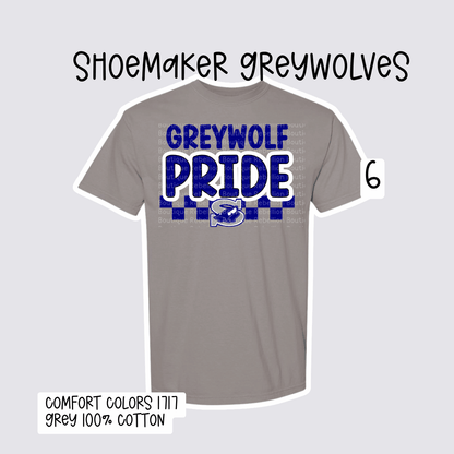 Design 6 Shoemaker High School Grey Wolves Adult Tee, Long Sleeve Tee or Sweatshirt