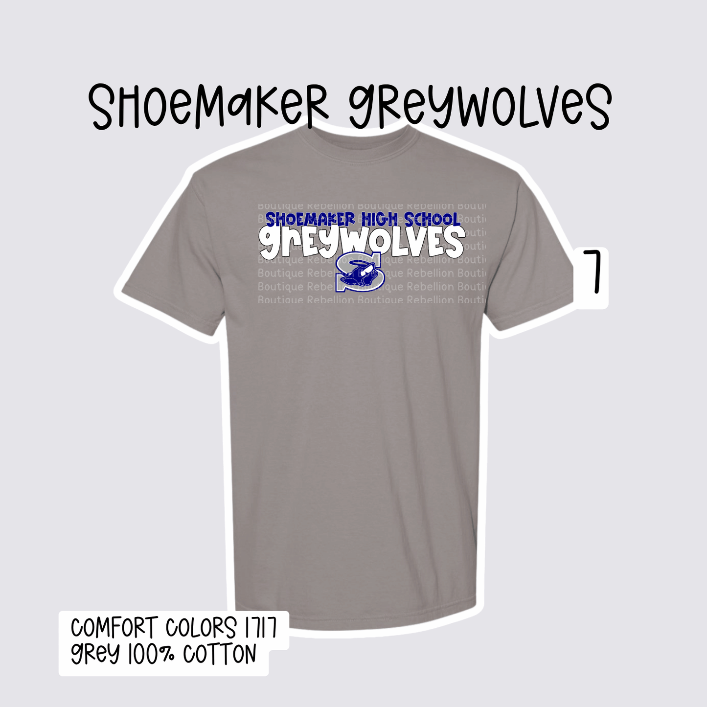 Design 7 Shoemaker High School Grey Wolves Adult Tee, Long Sleeve Tee or Sweatshirt