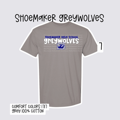 Design 7 Shoemaker High School Grey Wolves Adult Tee, Long Sleeve Tee or Sweatshirt