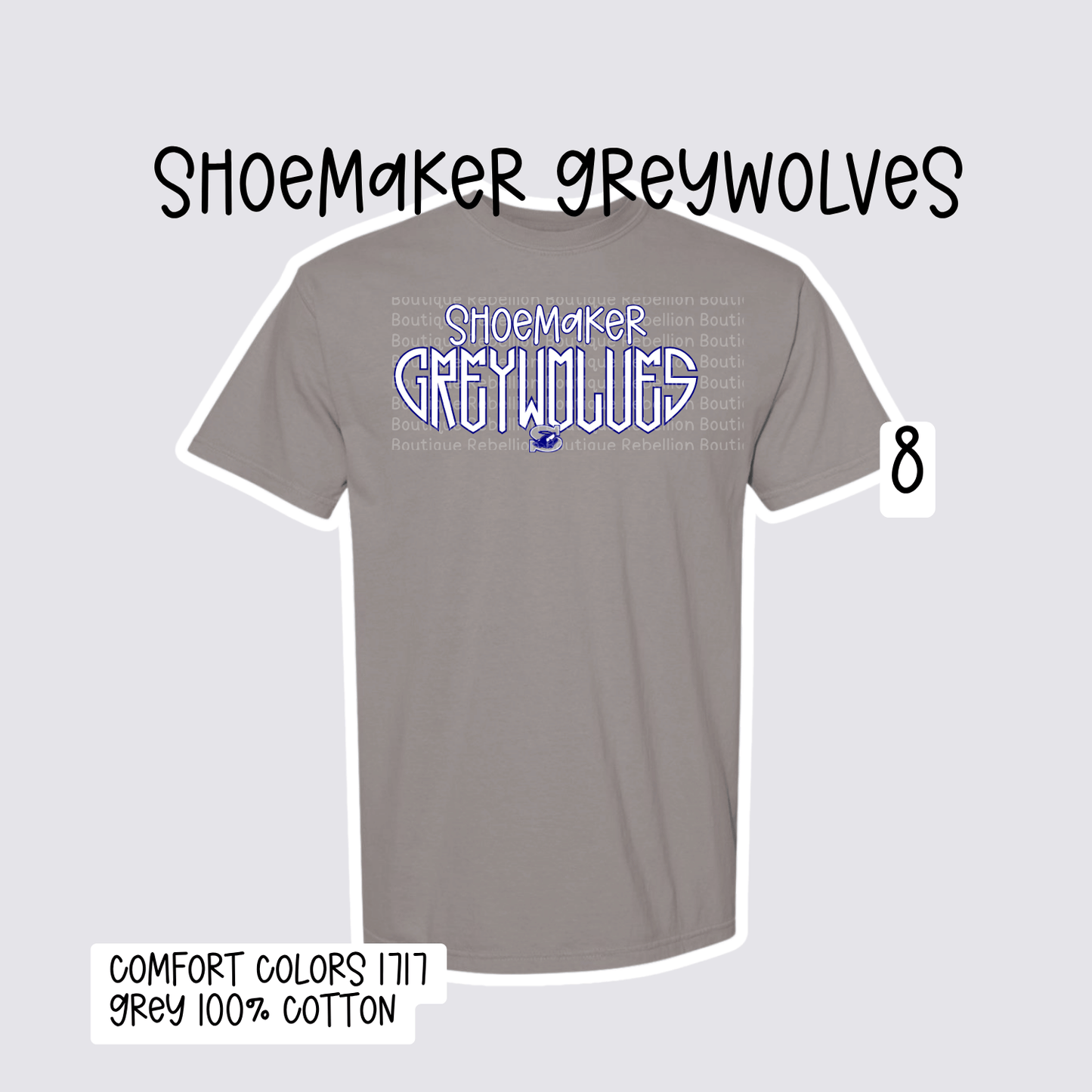 Design 8 Shoemaker High School Grey Wolves Adult Tee, Long Sleeve Tee or Sweatshirt